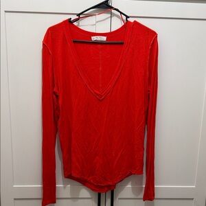 We The Free Bold Red Orange Long Sleeve V-Neck Top